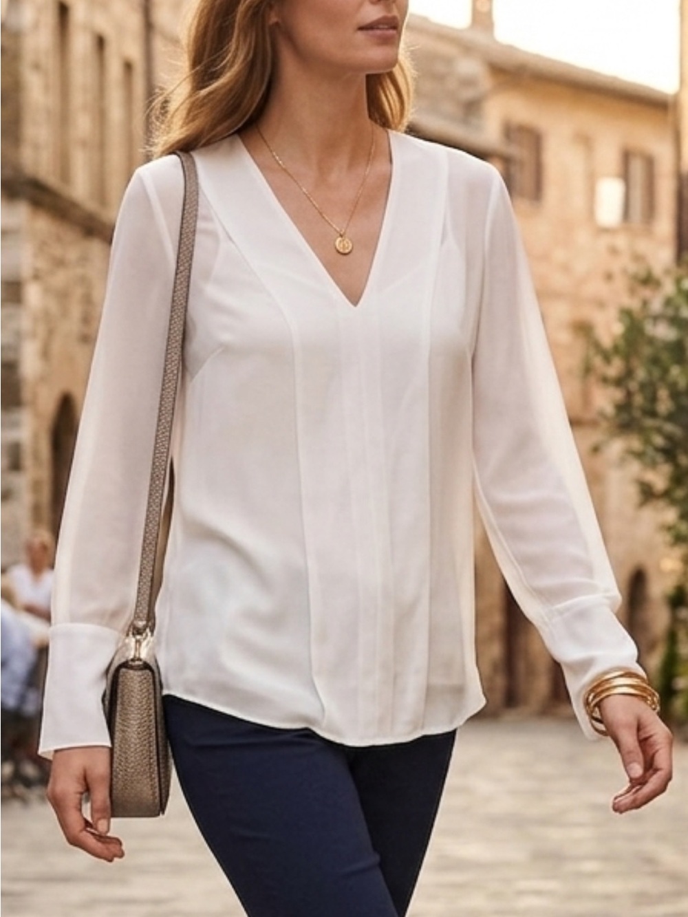 Michael Kors Cream V-Neck Long-Sleeve Blouse